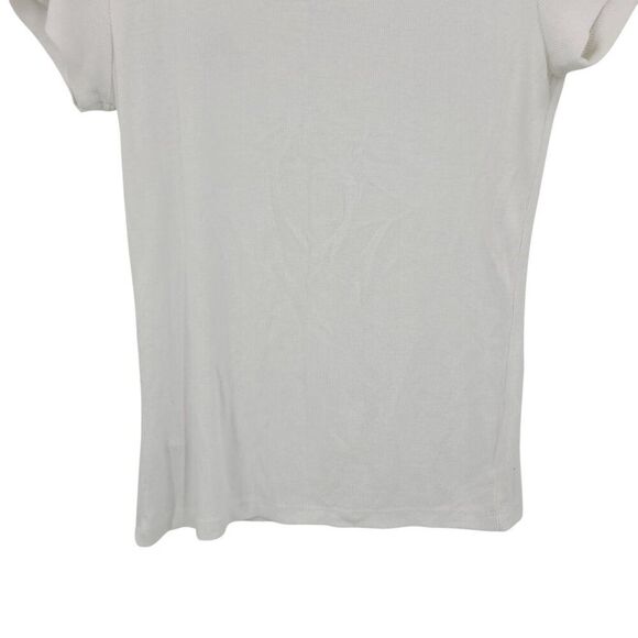 Y2K Guess White Ribbed Womens Short Sleeve V-neck Top Sz M Black Logo Stretch - Picture 13 of 14